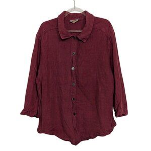 Mishi 100% Wearable Linen Shirt Womens Size Large Red 3/4 Sleeves Button Front